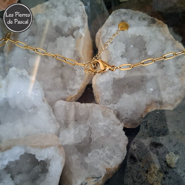 Promo : Nouvelle Réalisation d'un Collier Obsidienne Œil Céleste ou Arc en Ciel et Cristal de Roche 12 mm avec 1 Pendant Obsidienne Dorée et Chaîne Dorée