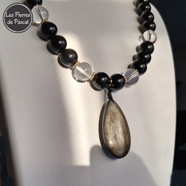 Promo : Nouvelle Réalisation d'un Collier Obsidienne Œil Céleste ou Arc en Ciel et Cristal de Roche 12 mm avec 1 Pendant Obsidienne Dorée et Chaîne Dorée