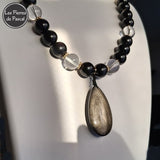 Promo : Nouvelle Réalisation d'un Collier Obsidienne Œil Céleste ou Arc en Ciel et Cristal de Roche 12 mm avec 1 Pendant Obsidienne Dorée et Chaîne Dorée