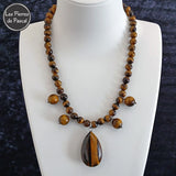 Réalisation d'un Collier en Œil de Tigre d'Afrique du Sud Grade A Boules de 8 mm, avec un Pendentif Grosse Goutte Œil de Tigre et 4 Pendants 12 mm Œil de Tigre en Métal de 44 cm + 4 cm