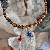 Réalisation d'un Collier Œil de Tigre d'Afrique du Sud Grade 2A Boules de 6, 8, 10 et 12 mm avec un Pendentif Arbre de Vie 7 Chakras de 47 cm + 5 cm