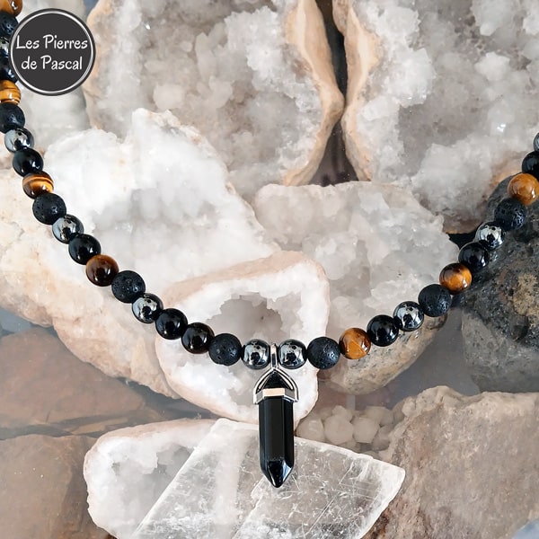 Collier Chaîne et Pierres en Œil de Tigre, Pierre de Lave Obsidienne Noire et Hématite Boules de 8 mm Avec un Pendentif Pendule en Obsidienne Noire