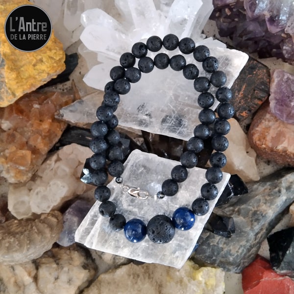 Collier Ras Du Cou En Argent 925 Avec Lapis-lazuli Et Hématites - Pièce Unique Et Naturelle