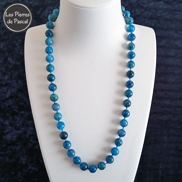 Réalisation d'un Collier à Nœuds en Apatite Bleue du Brésil de Grade A+ Boules de 10 mm de 55 cm de Long + 4 cm
