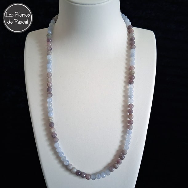 Collier Agate Dentelle de Namibie Grade 2A et Tourmaline Rose AB de Madagascar 6 mm de 50 cm + 4 cm