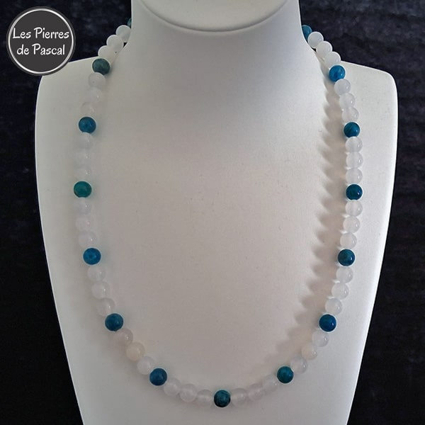 Collier en Agate Blanche de Madagascar Grade A, Apatite Bleue du Sri Lanka Grade A Boules de 8 mm de 55 cm Réalisé avec Élastique