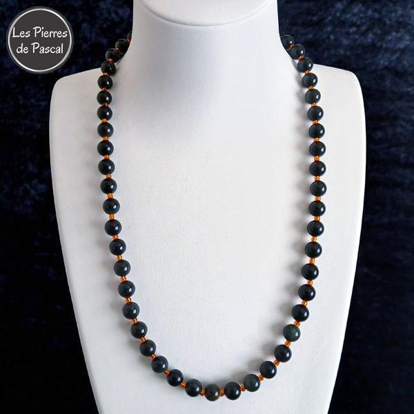 Collier Obsidienne Dorée et Arc en Ciel Grade A Boules de 8 mm avec Perles de Rocailles Orange de 55 cm + 4 cm