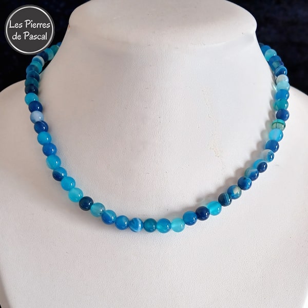 Réalisation d'un Collier en Agate Bleue Teintée du Brésil Grade A Boules de 6 mm de 42 cm + 5 cm