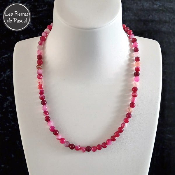 Réalisation d'un Collier en Agate Bandée Rose Teintée du Brésil Grade A Boules de 6 mm de 42 cm + 4 cm