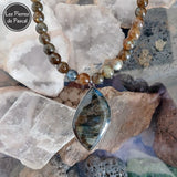 Réalisation d'un Collier en Labradorite de 8 mm et une Labradorite Médaillon Serti en Pendentif de 43 cm + 5