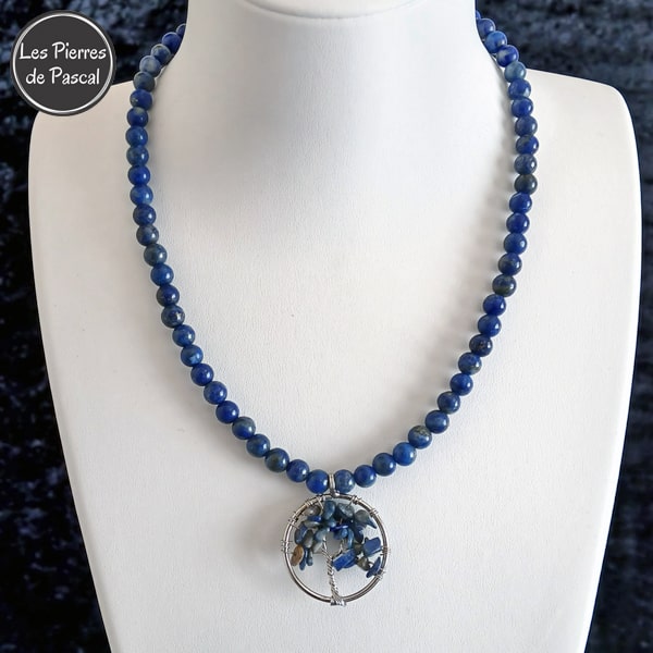 Réalisation d'un Ras de Cou en Lapis-Lazuli d’Afghanistan Grade A Boules de 6 mm avec un Arbre de Vie en Métal Argenté de 43 cm + 4 cm