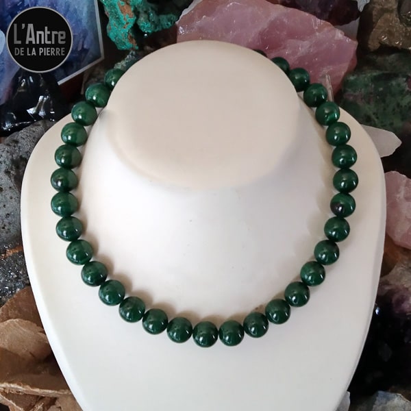 Collier en Malachite "Dark" (Foncée) du Congo Grade 2A+ Boules de 12 mm de 43 cm + 5