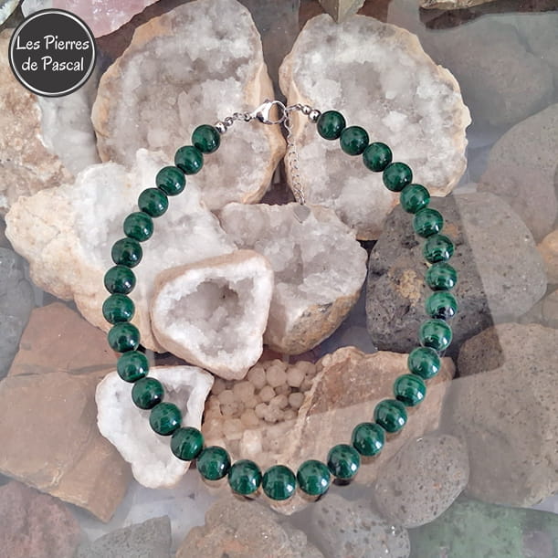 Réalisation d'un Collier en Malachite "Dark" (Foncée) du Congo Grade 2A+ Boules de 12 mm de 43 cm + 4