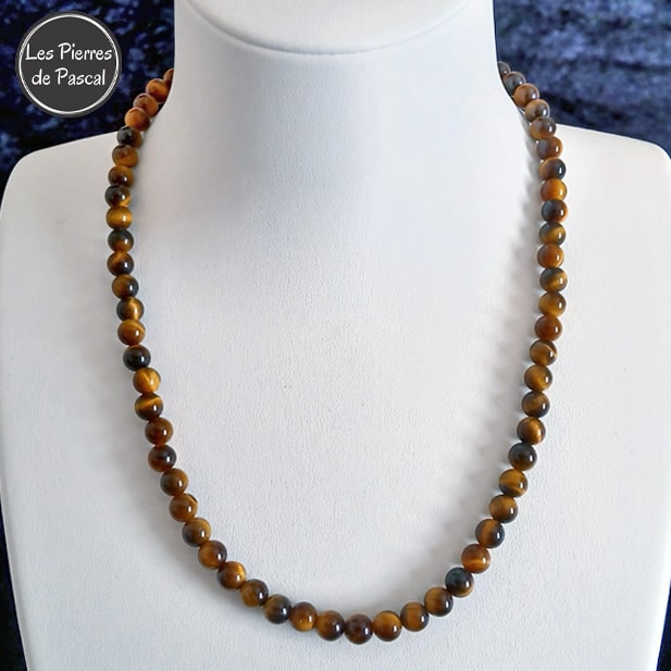 Réalisation d'un Collier Ras de Cou en Œil de Tigre d'Afrique du Sud Grade 2A Boules de 6 mm de 43 cm + 5 cm