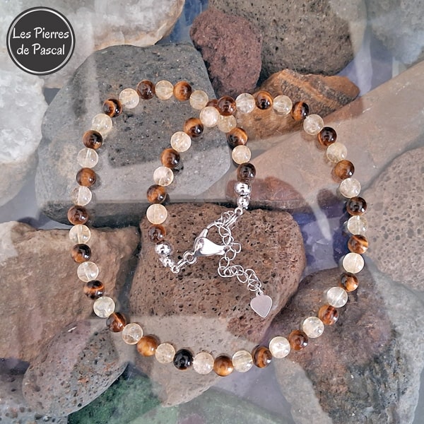 Collier Citrine Claire Naturelle du Brésil Grade 2A et Œil de Tigre Afrique du Sud 2A Boules de 6 mm de 43 cm + 4 cm