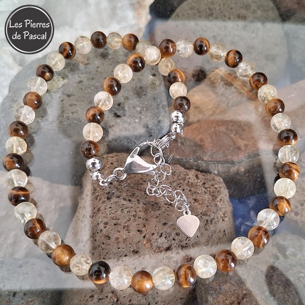 Collier en Citrine Claire et Œil de Tigre de 6 mm de 43 cm + 4 cm