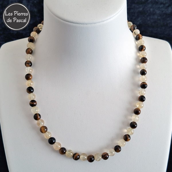 Réalisation d'un Ras de Cou en Citrine Claire Naturelle du Brésil Grade 2A et Œil de Tigre Afrique du Sud 2A Boules de 6 mm de 43 cm + 4 cm