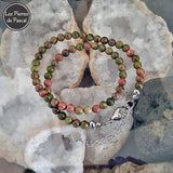 Réalisation d'un Ras de Cou en Unakite d'Afrique du Sud Grade A Boules de 6 mm de 43 cm + 4 cm sur des géodes de quartz