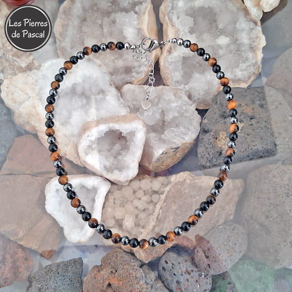 Collier "Triple Protection" avec Œil de Tigre de Grade 2A, Hématite Grade A et Obsidienne Noire Grade A Boules de 6 mm de 44 cm de Long