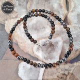 Collier "Triple Protection" avec Œil de Tigre de Grade B, Hématite Grade B et Obsidienne Noire Grade B Boules de 6 mm de 50 cm de Long sur des géodes de quartz