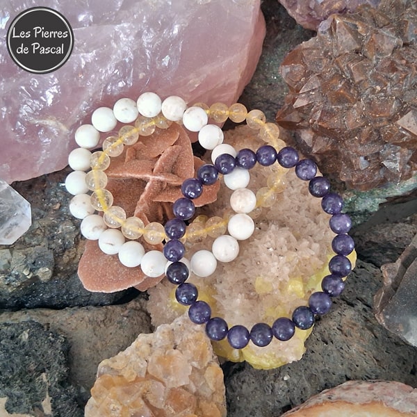 Commande Marie L. - 2 Bracelets Citrine et Lépidolite de 6 mm et 1 Bracelet Magnésite de 8 mm