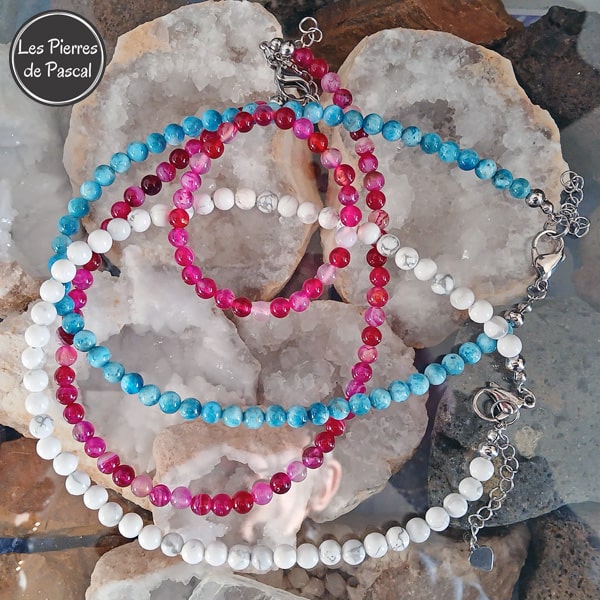 3 Colliers Agate Rose, Apatite Bleue AB et Howlite Blanche Boules de 6 mm avec 1 Bracelet Agate Rose 6 mm