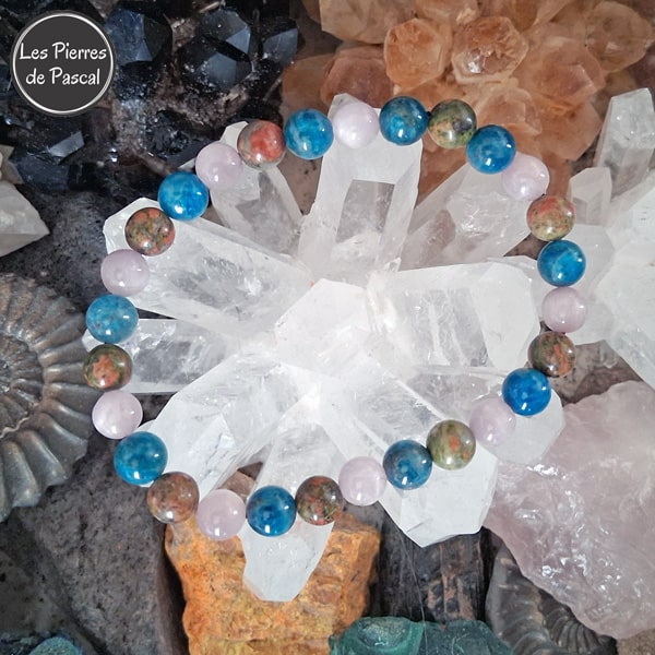 Bracelet avec Apatite Bleu, Kunzite et Unakite de 8 mm