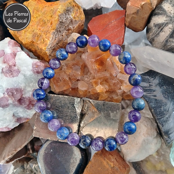 Bracelet en Améthyste du Brésil et en Lapis-Lazuli d'Afghanistan de 8 mm pour un Poignet de 20 cm