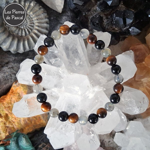 Bracelet Triple Protection Labradorite, Œil de Tigre et Obsidienne Noire de 6 mm