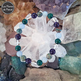 Commande Christine V. - Bracelet avec 5 Pierres Aigue-Marine, Améthyste, Chrysocolle, Cristal de Roche et Malachite Taille 19 cm sur une druse de cristal