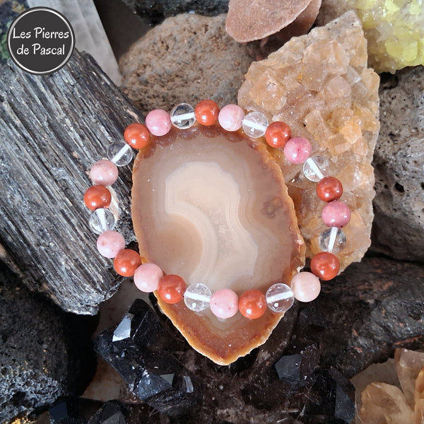 Bracelet Jaspe Rouge, Cristal de Roche et Rhodonite de 6 mm Taille 16 mm sur une tranche d'agate