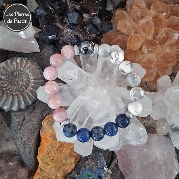 Commande Monique R. - Bracelet Howlite Blanche, Quartz Rose, Sodalite Boules de 10 mm et Hématite 12 mm Taille 18 cm