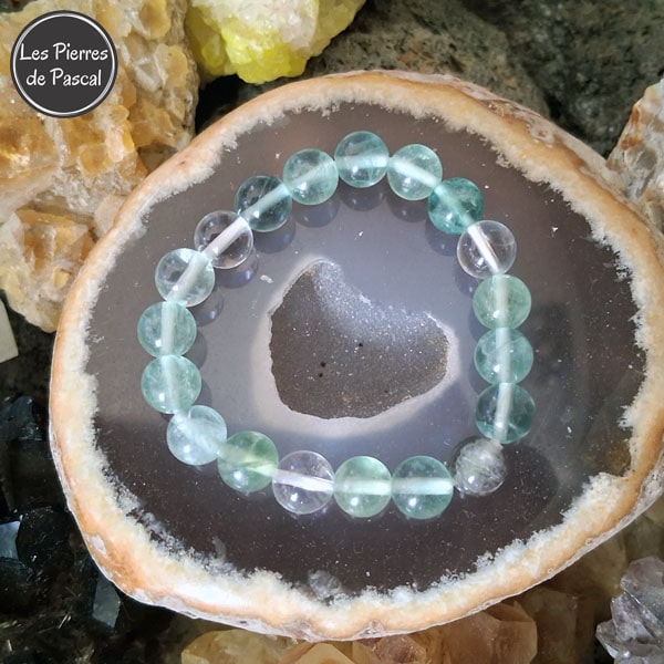 Commande Nathalie D. - Bracelet Fluorine Multicolore et Cristal de Roche de 8 mm Taille 14 cm