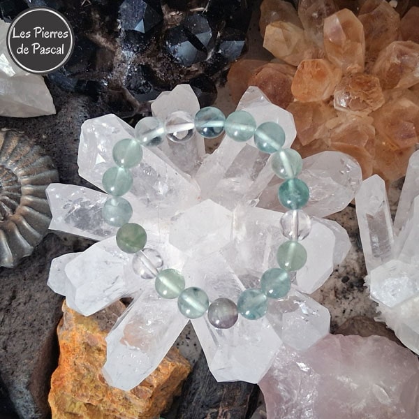 Commande Nathalie D. - Bracelet Fluorine Multicolore et Cristal de Roche de 8 mm Taille 14 cm