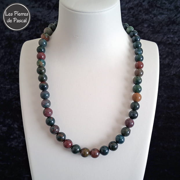 Collier jaspe sanguin (héliotrope) Grade A 10 mm de 50 cm