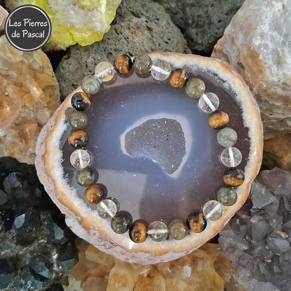Bracelet avec Citrine, Labradorite et Œil de Tigre Boules de 8 mm Taille 20 cm sur tranche d'agate