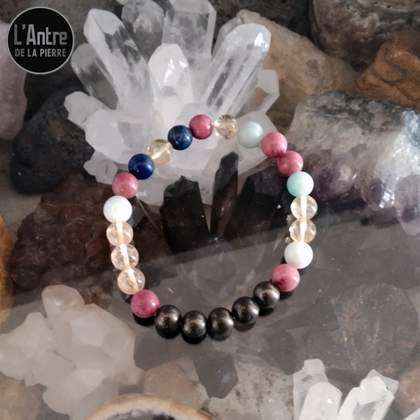 Bracelet avec Amazonite Citrine, Lapis-lazuli, Rhodonite et Pyrite Boules de 8 mm