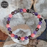 Bracelet Améthyste 2A, Quartz Fumé A, Rhodochrosite 3A Boules de 8 mm avec 2 Têtes de Dragon Poignet 21 cm