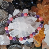 Bracelet Améthyste 2A, Quartz Fumé A, Rhodochrosite 3A Boules de 8 mm avec 2 Têtes de Dragon Poignet 21 cm