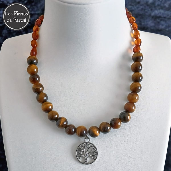 Collier pour Animal de Compagnie en Œil de Tigre 2A 10 mm et Ambre Cognac de 6 - 7 mm de Longueur 40 cm
