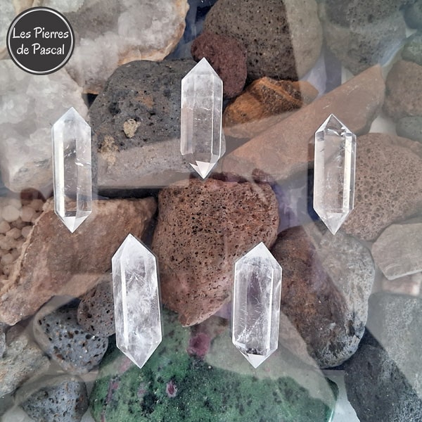 5 Nouvelles Doubles Pointes Hexagonales en Cristal de Roche ou Quartz Hyalin du Brésil Grade A de 5,5 cm