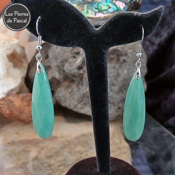 Longues Boucles d'Oreilles Pierres Facettées Allongées en Aventurine Verte du Brésil Grade A et Crochets en Acier Inoxydable