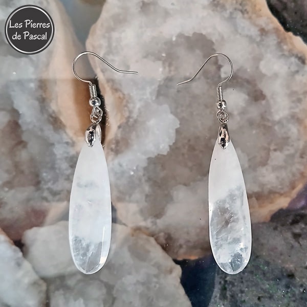 Longues Boucles d'Oreilles Cristal de Roche Allongé et Crochets en Acier Inoxydable