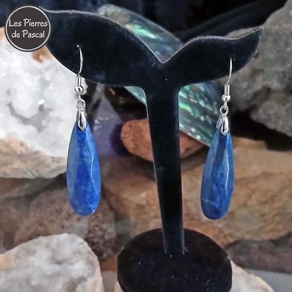 Longues Boucles d'Oreilles Lapis-Lazuli Allongé et Crochets en Acier Inoxydable