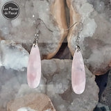 Longues Boucles d'Oreilles Quartz Rose Allongé de Madagascar Grade A et Crochets en Acier Inoxydable