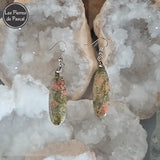 Longues Boucles d'Oreilles Pierres Allongées Unakite ou Épidote d'Afrique du Sud Grade A et Crochets en Acier Inoxydable