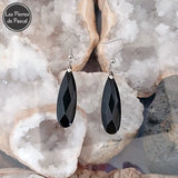 Longues Boucles d'Oreilles Obsidienne Noire Facettée Allongée du Mexique Grade A et Crochets en Acier Inoxydable