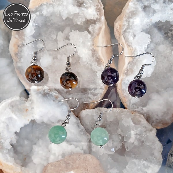 Lot de 3 Paires de Boucles d'Oreilles avec Améthyste, Aventurine Verte et Œil de Tigre Boules de 12 mm et des Crochets en Acier Inoxydable