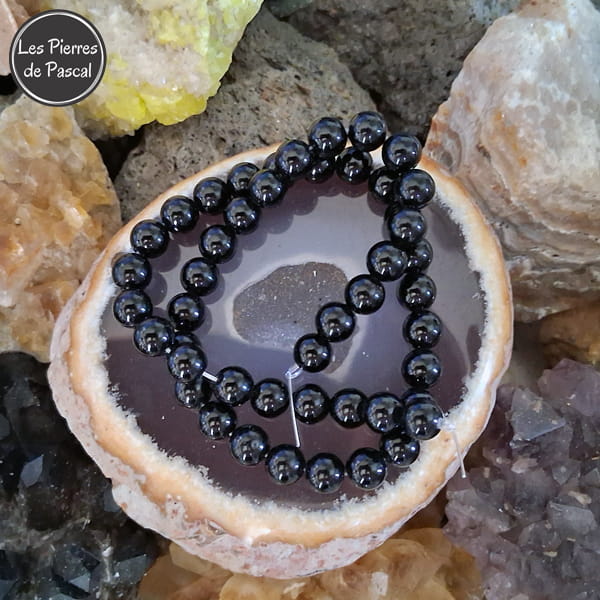 Fil de Perles Obsidienne Noire Perles de 8 mm Grade A du Mexique sur une Agate