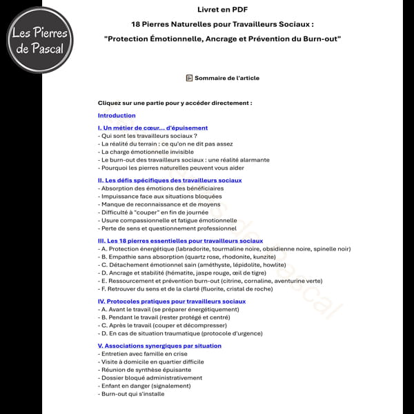 Page 1 sommaire E-book Travailleurs Sociaux : 18 Pierres pour Gérer la Charge Émotionnelle et Prévenir le Burn-out